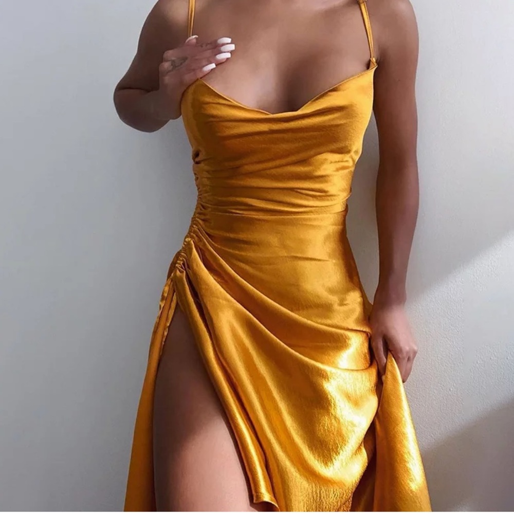 Elegant Gold/yellow dress with adjustable leg slit. NYE, homecoming, party dress
